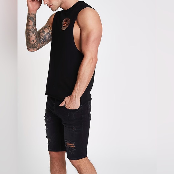 River Island Mens Black Gold Circle Print Tank Top - Picture 2 of 5